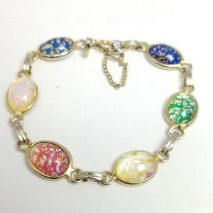 Vintage Longcraft Colorful Glass Cabochon Panel Bracelet, Signed Estate